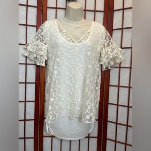 Maurices Lace Sheer Blouse Ivory Cream Short Bell Ruffle Sleeve Top Set Small